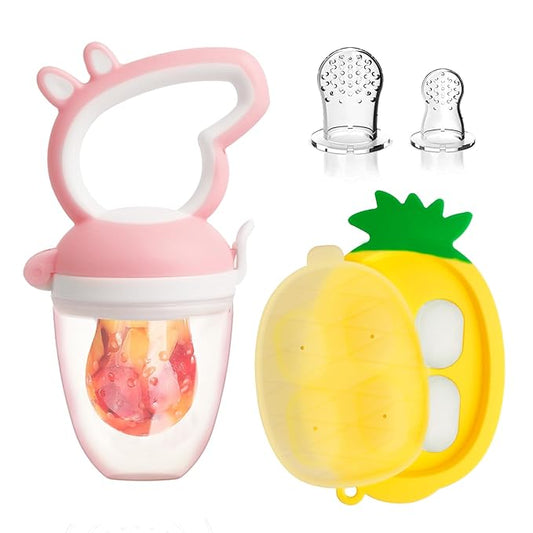 Baby Fruit Feeder with Mini Freezer Tray, Baby Teethers, Breastmilk Popsicle Molds for Baby Teething Relief, Silicone Fresh Food Feeder for Safe Infant Self Feeding (Pig Pink)
