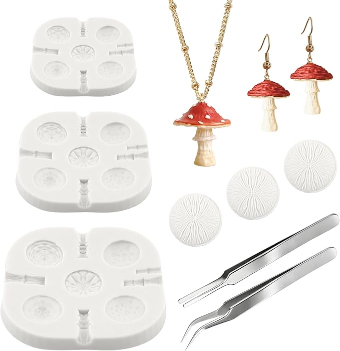 Polymer Clay Molds Set, 3 Sizes Mushroom Polymer Clay Silicone Mold with 2 Stainless Steel Tweezers for DIY Earring Jewelry Making Model Crafting (Color:Multicolor)