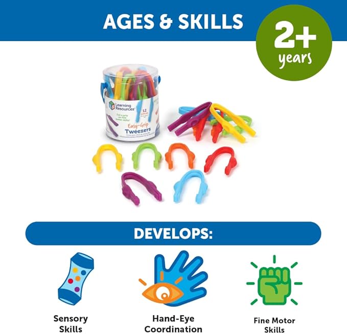 Learning Resources Easy-Grip Tweezers - Sensory Bin Tools, Tongs for Kids, Fine Motor Skills, Montessori Grabber Tool, Toddler Activities, School and Teacher Supplies, Daycare Essentials