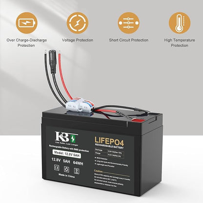 KBT 12V 5Ah Rechargeable LiFePO4 Battery, Bare Leads Wire Replacement Battery Pack with Charger Compatible with 12V Devices DIY Bluetooth Speaker Boombox Radio