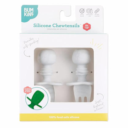 Bumkins Baby Utensils Set, Chewtensils Silicone Spoons for Dipping, Self-Feeding, Baby Led Weaning, Trainer Learning, First Stage Eating, Soft Practice Fork and Spoon, Babies 6 Months, Marble