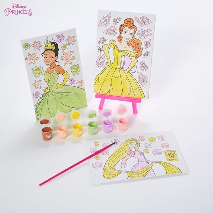 Innovative Designs Disney Princess Canvas Paint Set for Kids with 3 Canvases, Acrylic Paint, Paintbrush, & Easel