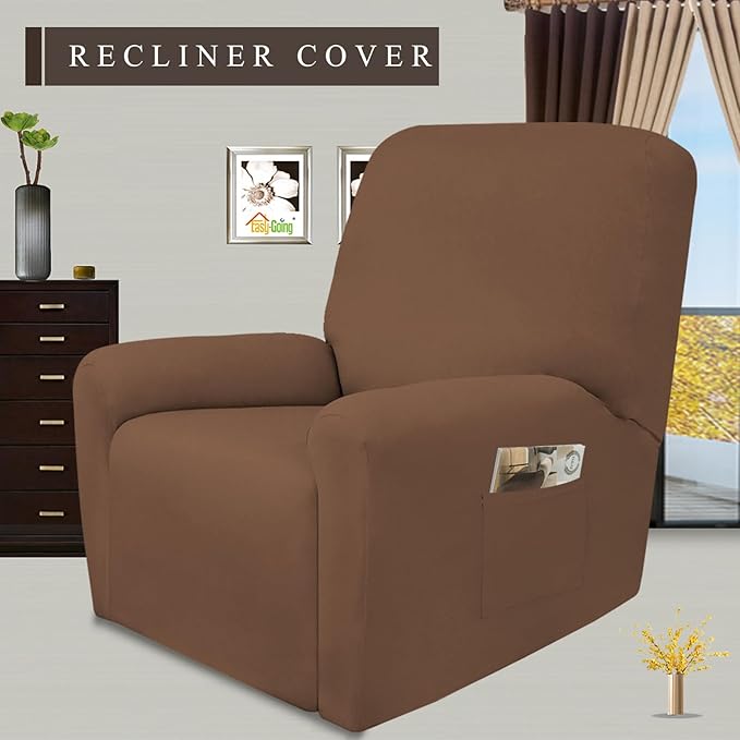 Easy-Going 4 Pieces Microfiber Stretch Recliner Slipcover – Spandex Soft Fitted Sofa Couch Cover, Washable Furniture Protector with Elastic Bottom for Kids, Pet(Recliner, Brown)