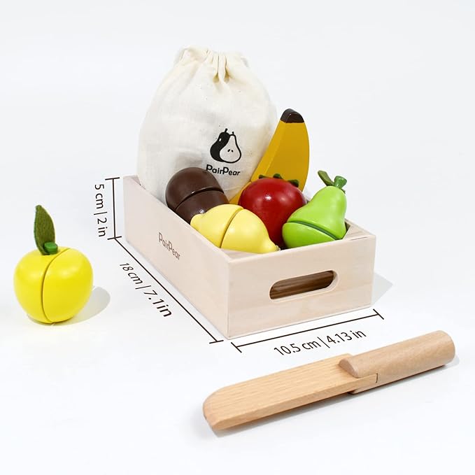 PairPear Wooden Play Food Cutting Fruit Set - Wooden Toys for Toddlers Toy Food Play Kitchen Accessories