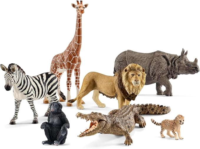 Schleich Animals Wild Life Safari Animals Figures 7-Piece Animal Figurines Set with Lion, Giraffe, Zebra, Bonobo, Rhino, Crocodile and Cheetah Cub Toy