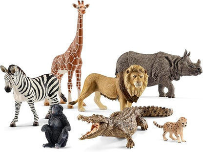 Schleich Animals Wild Life Safari Animals Figures 7-Piece Animal Figurines Set with Lion, Giraffe, Zebra, Bonobo, Rhino, Crocodile and Cheetah Cub Toy