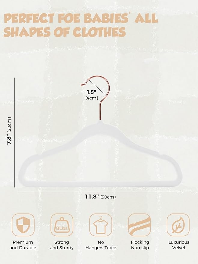 Smartor Premium Baby Hangers Velvet for Closet 50 Pack, 11.8" Durable Kids Felt Hangers Non Slip for Toddler, Baby Clothes Hangers for Childrens on Closet Storage (Rose Gold Hook)- White