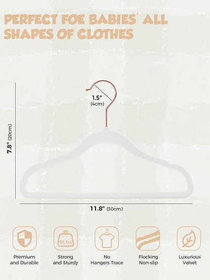 Smartor Premium Baby Hangers Velvet for Closet 50 Pack, 11.8" Durable Kids Felt Hangers Non Slip for Toddler, Baby Clothes Hangers for Childrens on Closet Storage (Rose Gold Hook)- White