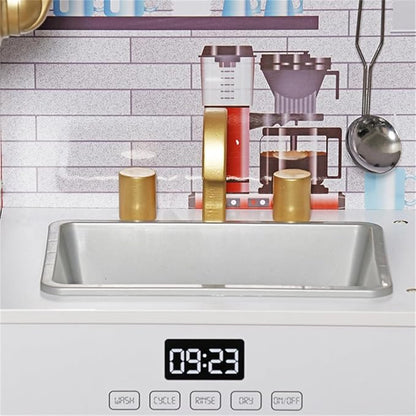 Wooden Play Kitchen Toy Set with Light, Kids Children Pretend Toy Kitchen Playset, Sink with Faucet, Oven, Microwave, Kitchenware Set Accessories for Ages 3-8 Girls Boys