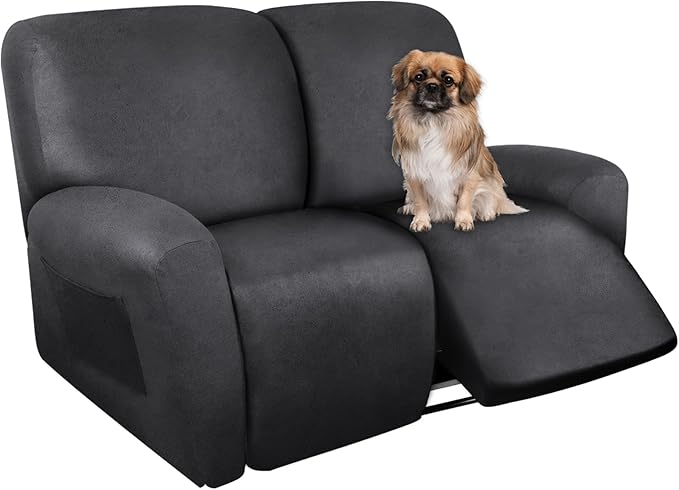 Loveseat Recliner Cover Leather Look Recliner Loveseat Covers Recliner Sofa Cover for 2 Seater Reclining Couch Spandex Fabric Washable 6 Pieces (2 Seater, 01 Dark Gray)