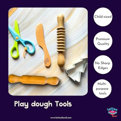 Play Dough Tools Accessories for Kid | Wooden Rolling Pins & Knife | Child-Safe Scissor | Sculpting Tool to Roll, Cut,Flatten | Pretend Play Kitchen Tool | Clay Mould Tool for Kid Ages 2-7