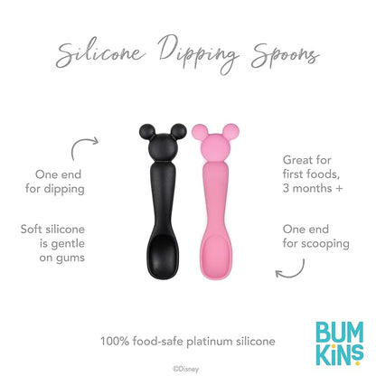 Bumkins Disney Baby Utensil Set, Silicone Trainer Spoons for Dipping, Soft Tip, Self-Feeding, Chew, Baby Led Weaning, First Year Training Supplies, Essentials in Eating, 4 Mos, 2-pk Minnie Mouse