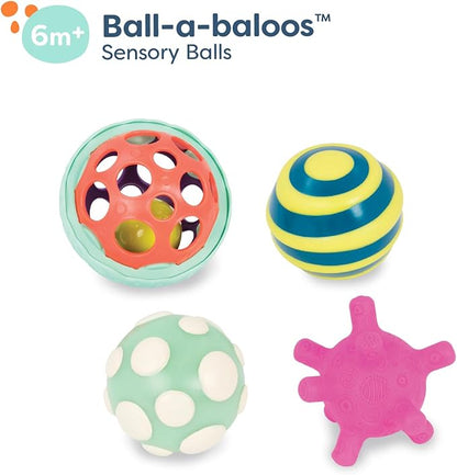 B. toys- B. baby- 4 Sensory Balls – Baby Toys – Developmental Play – Rubber Balls with Textures, Sounds, Lights – Ball-a-baloos- 6 Months +