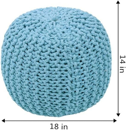 The Home Talk Ottoman Floor Poufs for Living Room Hand Knitted Foot Rest Comfortable Pouffe 100% Cotton Braid Cord Bean Bag for Armchair, Bedroom, Décor, 18"x18"x14", Turquoise