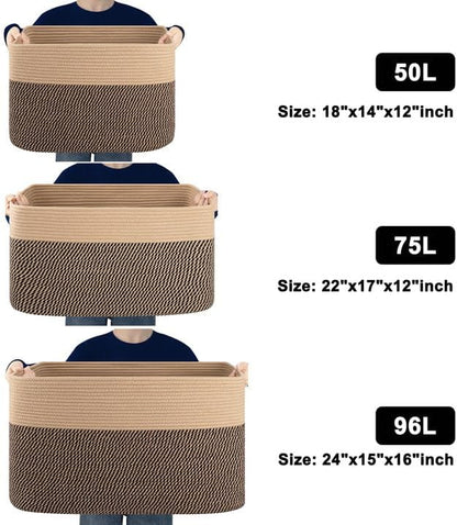 75L Large Cotton Rope Basket, Soft Toy Storage Bin for Nursery & Living Room, Decorative Blanket Basket for Bedroom, Baby-Safe Organizer for Pillows &Laundry, 22''×17''×12'', Brown & Black