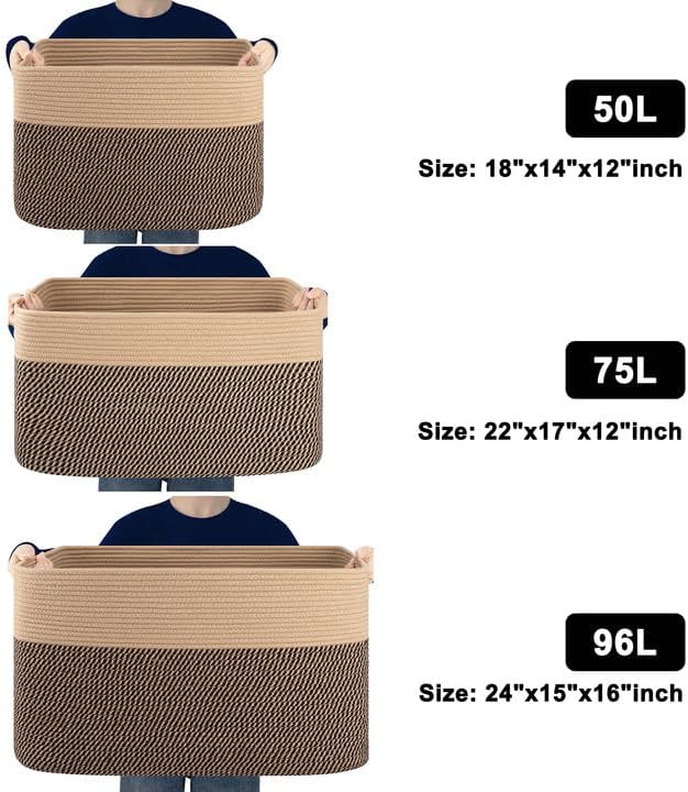 96L XL Large Cotton Rope Basket, Soft Toy Storage Bin for Nursery & Living Room, Decorative Blanket Basket for Bedroom, Baby-Safe Organizer for Pillows &Laundry, 24''×16''×15'', Brown & Black