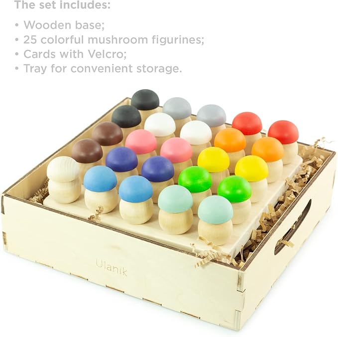 Ulanik Mushroom Glade Toddler Montessori Toys for 3 Year Old + Kids Wooden Mushrooms Game for Learning Color Sorting and Counting Preschool Education — 25 pcs