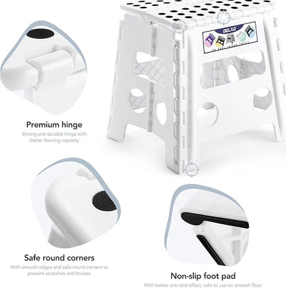 Delxo 13" Folding Step Stool for Kids and Adults, Non-Slip Foldable Step Stools with Handle,Plastic Portable Folding Stool for Bathroom,Bedroom,Kitchen,Hold up to 300lbs White