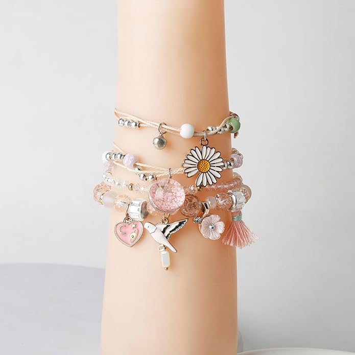 DS 4PCS Beaded Charm Bracelets for Teen Girls Dainty cute cartoon Crystal Beads Pearl Bracelets anklets set for woman and girls Adjustable Stretch bracelet birthday Gift For Friends