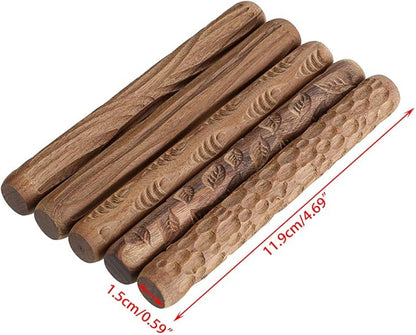 OwnMy Set of 5 Clay Modeling Pattern Rollers Kit, Fish Leaves Cobblestone Ripple Wood Grain Pattern 4.7 in Clay Rolling Pin Textured Hand Roller Wooden Handle Pottery Tools Set