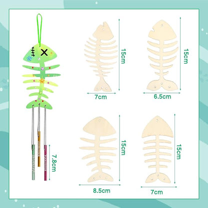 Fennoral 12 Pack Wind Chime Kit Spring Craft for Kids Wooden Arts and Crafts for Girls Boys Make Your Own Fish Wind Chime Ornaments DIY Coloring Fish Craft for Spring Easter Birthday Party Supplies