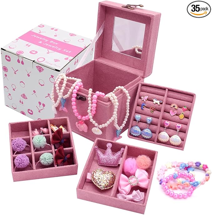 Little Girl Kids 3 Layer Lint Jewelry Box with Mirror and 35 Pieces Girl Princess Jewelry Dress Up Accessories Toy Playset Set