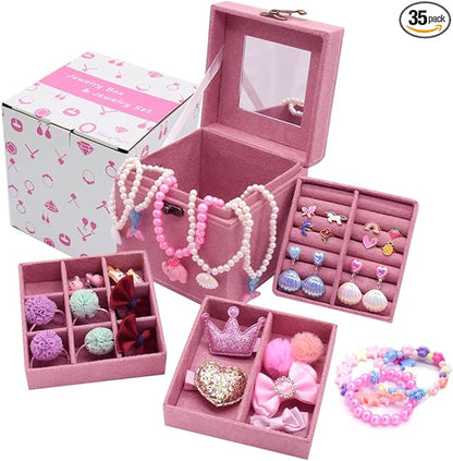 Little Girl Kids 3 Layer Lint Jewelry Box with Mirror and 35 Pieces Girl Princess Jewelry Dress Up Accessories Toy Playset Set