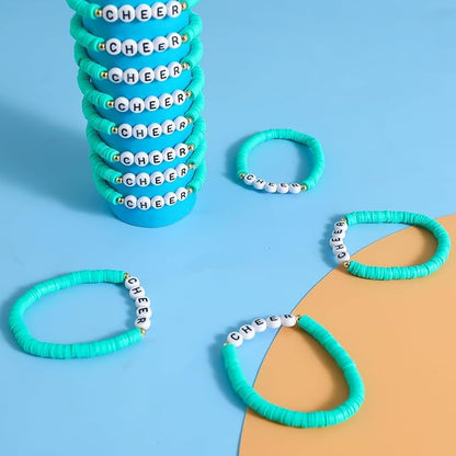 24 Pcs Cheerleader Gifts for Girls Handmade Friendship Bracelets for Teen Girls Stretch Cheer Bracelets Y2k Cheer Stuff Stackable Clay Bead Bracelets Bulk Teens Birthday Christmas Party Favors