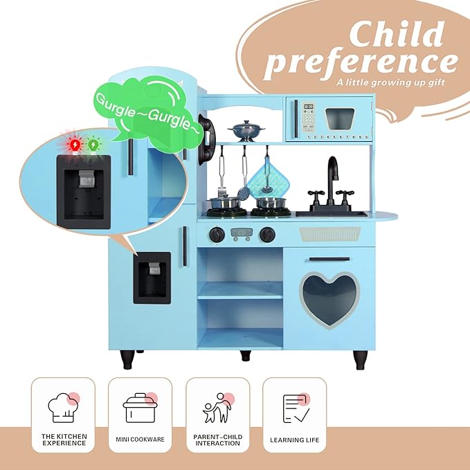 TaoHFE Toy Kitchen, Blue Kids Kitchen Playset for Kids Ages 4-8 Boys Gift Girls Play Kitchen Sets for Kids Kitchen Playset with Lights and Sounds Wooden Toy Kitchen Playset Gift Kids Kitchen Set