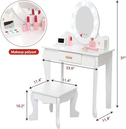 Kids' Vanity Set with Mirror and Light, Makeup Table and Stool for Girls, Vanity Table and Chair Set with Wood Makeup Playset for 4-9 Girls, White （Batteries Not Included）