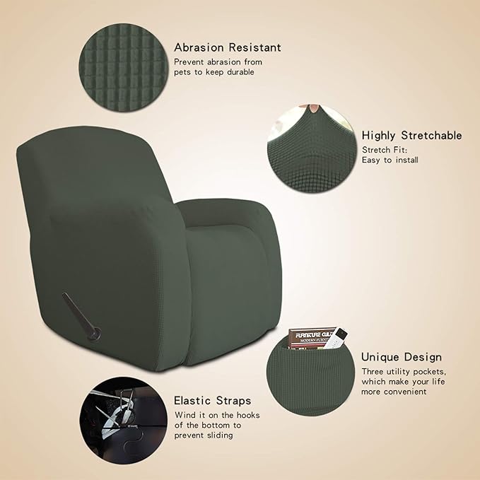 Easy-Going Recliner Stretch Sofa Slipcover Sofa Cover 1 Piece Furniture Protector Couch Soft with Elastic Bottom Kids,Polyester Spandex Jacquard Fabric Small Checks(Oversize Recliner,Olive Green)