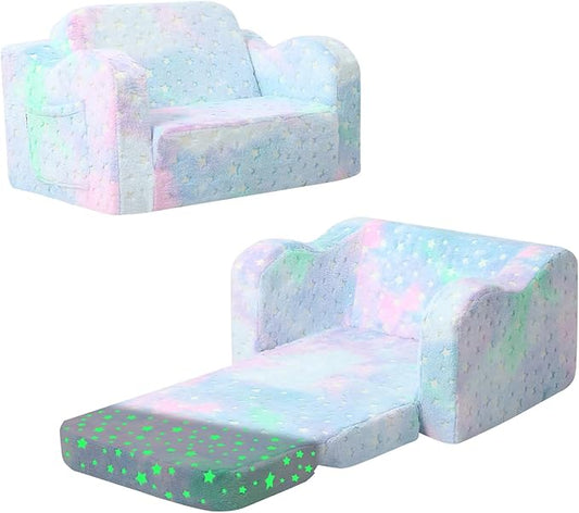 Folding Toddler Chair, Soft Plush Fold Out Kids Couch Sofa Glow in The Dark, Comfy Baby Recliner for Girls Boys (Colorful Star)