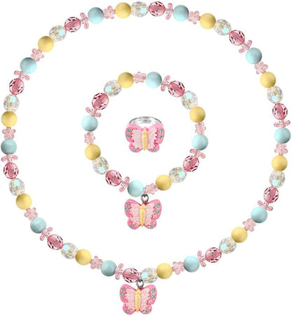 Butterfly Stretch Necklace Little Girl Toddler Necklace Bracelet Set, Little Princess Jewelry Kids Play Necklaces Butterfly Rings for Kids