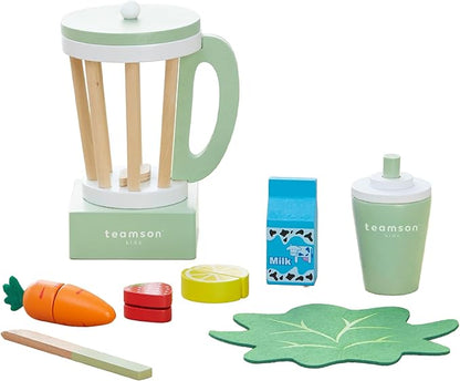 Teamson Kids Play Kitchen Accessories Little Chef 13 Piece Wooden Smoothie Blender Set with Cutting Fruit, Ingredients and to-Go Cup with Straw