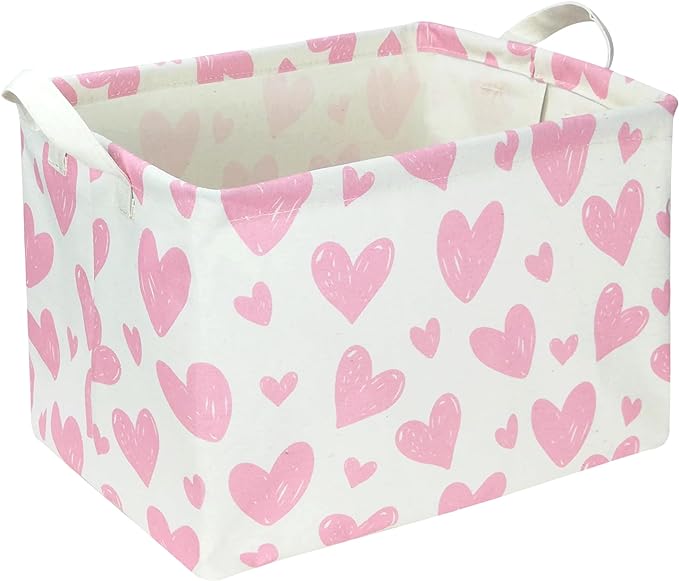 NTAOHAMPER Rectangular Pink Heart Fabric Storage Basket, Books Box, Lovely Storage Trunk, Room Decor, Gift Basket(Pink Heart)