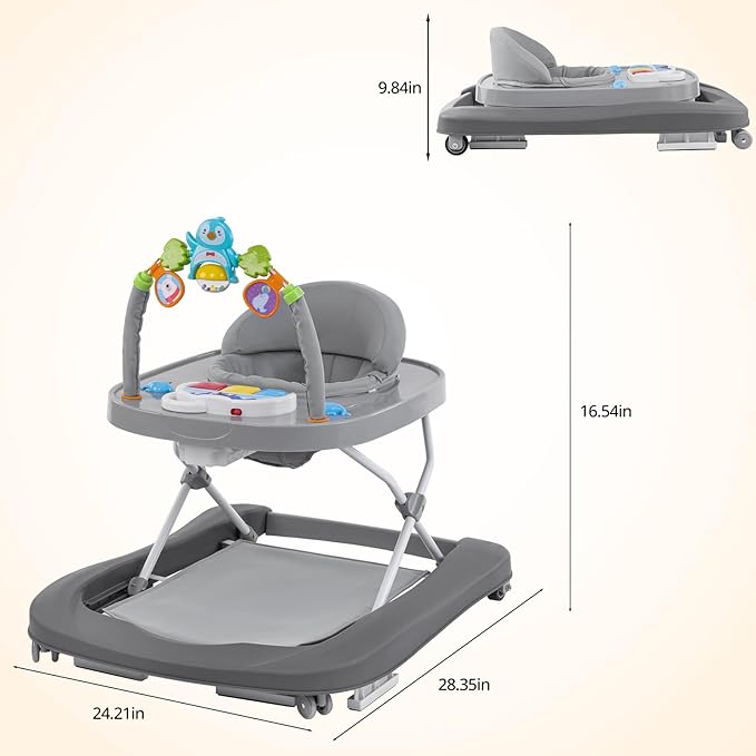 Baby Walker, Music & Removable Footrest with Toys, 3-Height Adjustable, Foldable 4-in-1 Activity Center for Infant and Toddler, Baby Walker for Baby Boy Girls 7–18 Months