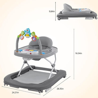 Baby Walker, Music & Removable Footrest with Toys, 3-Height Adjustable, Foldable 4-in-1 Activity Center for Infant and Toddler, Baby Walker for Baby Boy Girls 7–18 Months