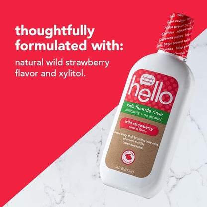 Hello Kids Wild Strawberry Natural Flavor Anticavity Fluoride Rinse - Vegan, Alcohol Free, and SLS Free Mouthwash for Children Age 2 and Up - 16 Ounce (Pack of 3)
