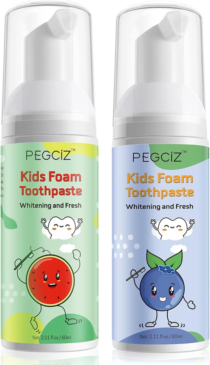 Kids Foam Toothpaste 2 Pack, Foam Toothpaste Kids with Low Fluoride, Toddler Toothpaste for U Shaped Toothbrush Electric Toothbrush, Foam Toothpaste for Children Kids Ages 3 Plus(Watermelon+Blueberry)