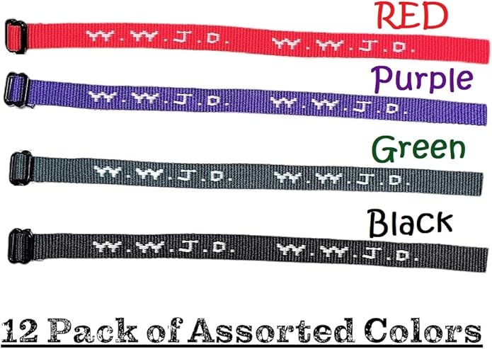 AMERICAN WIT Colorful W.W.J.D. Webbing Bracelets (48 Pack) (“What would Jesus do?”) Colors: black, army green, purple, bright red Religious Christian Wristband,