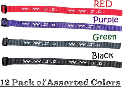 AMERICAN WIT Colorful W.W.J.D. Webbing Bracelets (48 Pack) (“What would Jesus do?”) Colors: black, army green, purple, bright red Religious Christian Wristband,