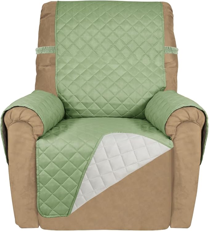 PureFit Reversible Quilted Sofa Cover, Water Resistant Slipcover Furniture Protector, Washable Couch Cover with Non Slip and Elastic Straps for Kids, Dogs, Pets (Recliner, Sage Green/Ivory)
