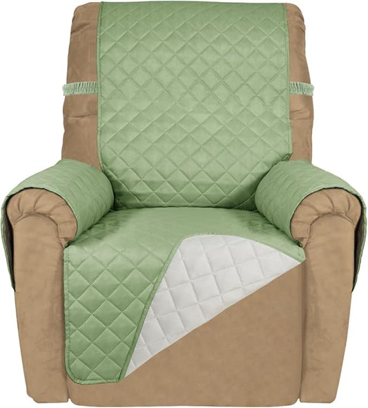 PureFit Reversible Quilted Sofa Cover, Water Resistant Slipcover Furniture Protector, Washable Couch Cover with Non Slip and Elastic Straps for Kids, Dogs, Pets (Recliner, Sage Green/Ivory)