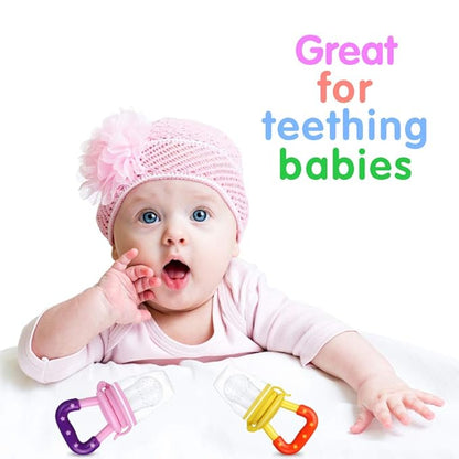 Baby Fruit Feeder by HAOBAOBEI, Frozen Teething Toys for Babies, Baby Fruit Pacifier Feeder with 3 Sizes Silicone Pouches, Baby Eating Essentials, BPA Free Baby Feeding Supplies -2 Pack (Pink Yellow)