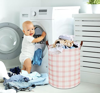 CLOCOR Kids Laundry Basket,Waterproof Baby Boys Nursery Hamper,Collapsible Fabric Storage Container,Toys Bin,Room Decor,Gift Basket（Pink Grid