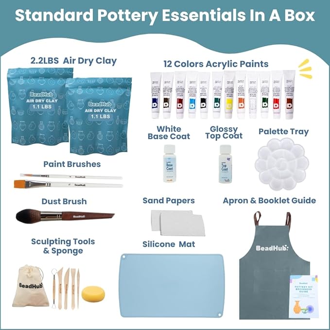 Pottery Kit for Beginners 2.2Lbs Air Dry Clay for Adults with Sculpting Tools, Paint, Glaze, Air-Dry Modeling Clay Molding, Sculpt & Painting Set, Hobby Date Night DIY Art Craft Kits -Standard (White)