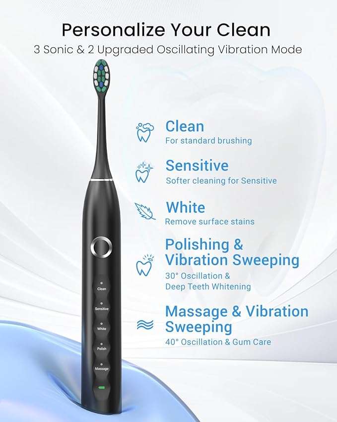 Rtauys S5 Sweeping Electric Toothbrush - Rechargeable Electric Toothbrushes with 8 Heads, Power Electric Toothbrush with Holder, 2.5 Hours Charge for 45 Days Battery Life - Black