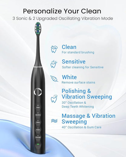 Rtauys S5 Sweeping Electric Toothbrush - Rechargeable Electric Toothbrushes with 8 Heads, Power Electric Toothbrush with Holder, 2.5 Hours Charge for 45 Days Battery Life - Black
