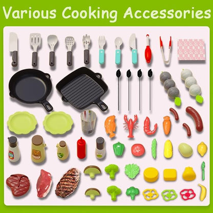 Barbecue Grill Toy Set, Kids BBQ Grill Playset with Smoke Sound Light Simulation Camping Cooking Interactive Toys Christmas Birthday Gift for Toddlers Girls Boys 2-6