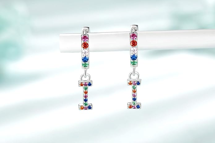 Presentski Initial Earrings 925 Sterling Silver Colorful Huggie Small Hoop Earrings Rainbow CZ Drop Dangle Simple Alphabet Earrings S925 Hypoallergenic Earring Letter A-Z for Daughter Women